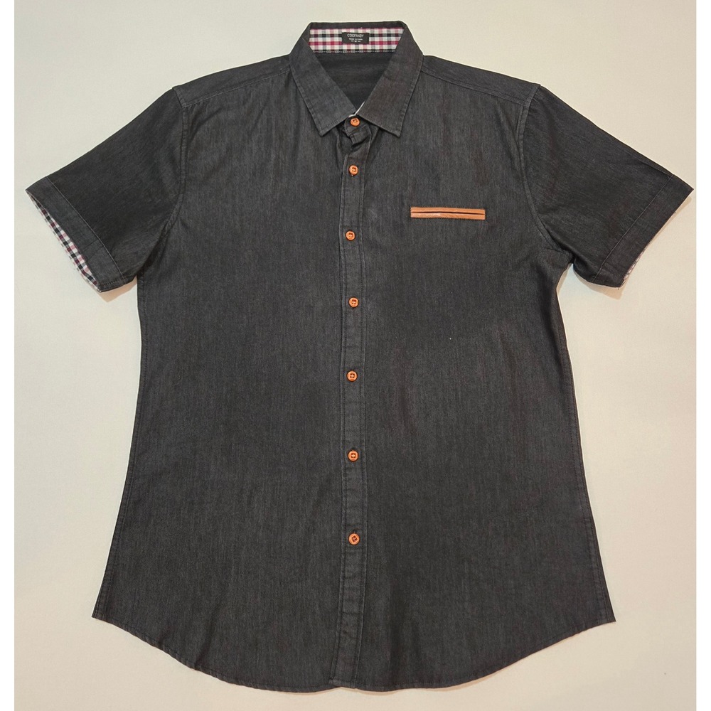Coofandy Men's Charcoal Denim SS Button Up Shirt Plaid Flip Cuff Size Medium